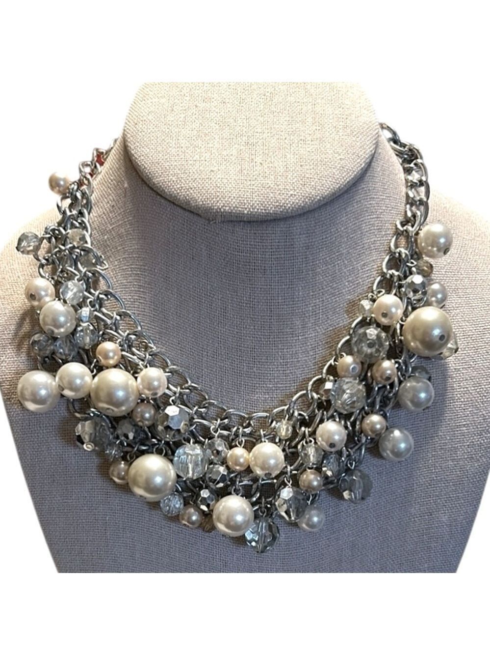 Pearl and Crystal Beaded Bib Necklace Silver Tone Statement Choker
